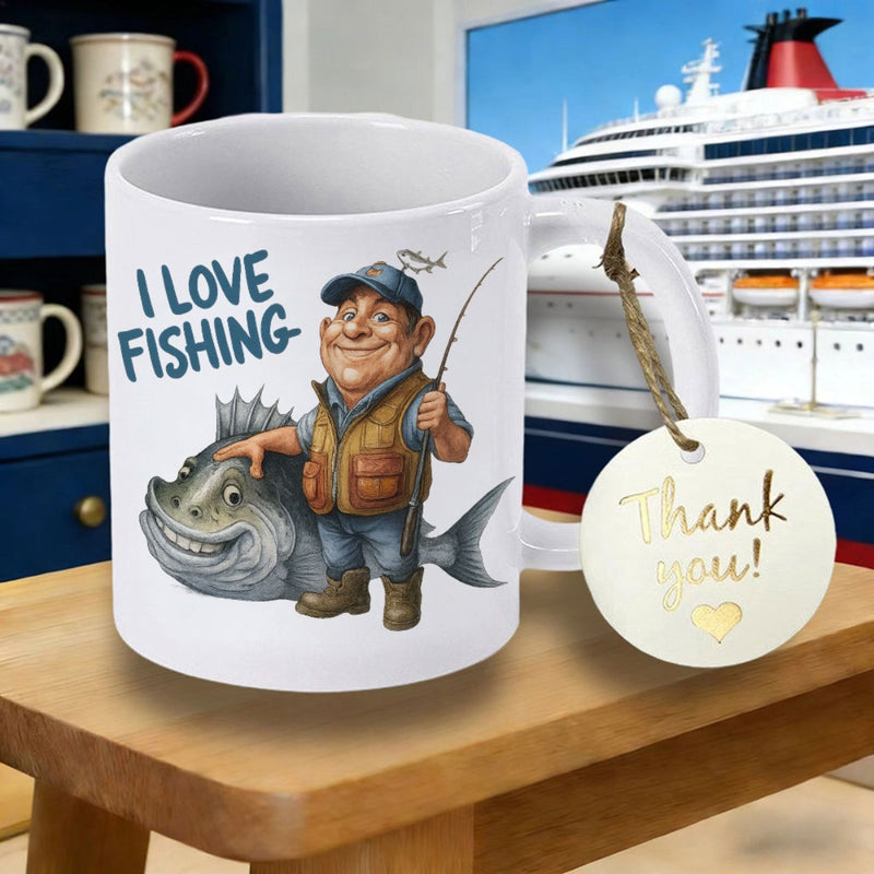 Tailorly White Ceramic 11 oz Mug - I Love Fishing Friendly Cartoon Character Standing Beside Huge Happy Fish Holding Fishing Rod Fisherman