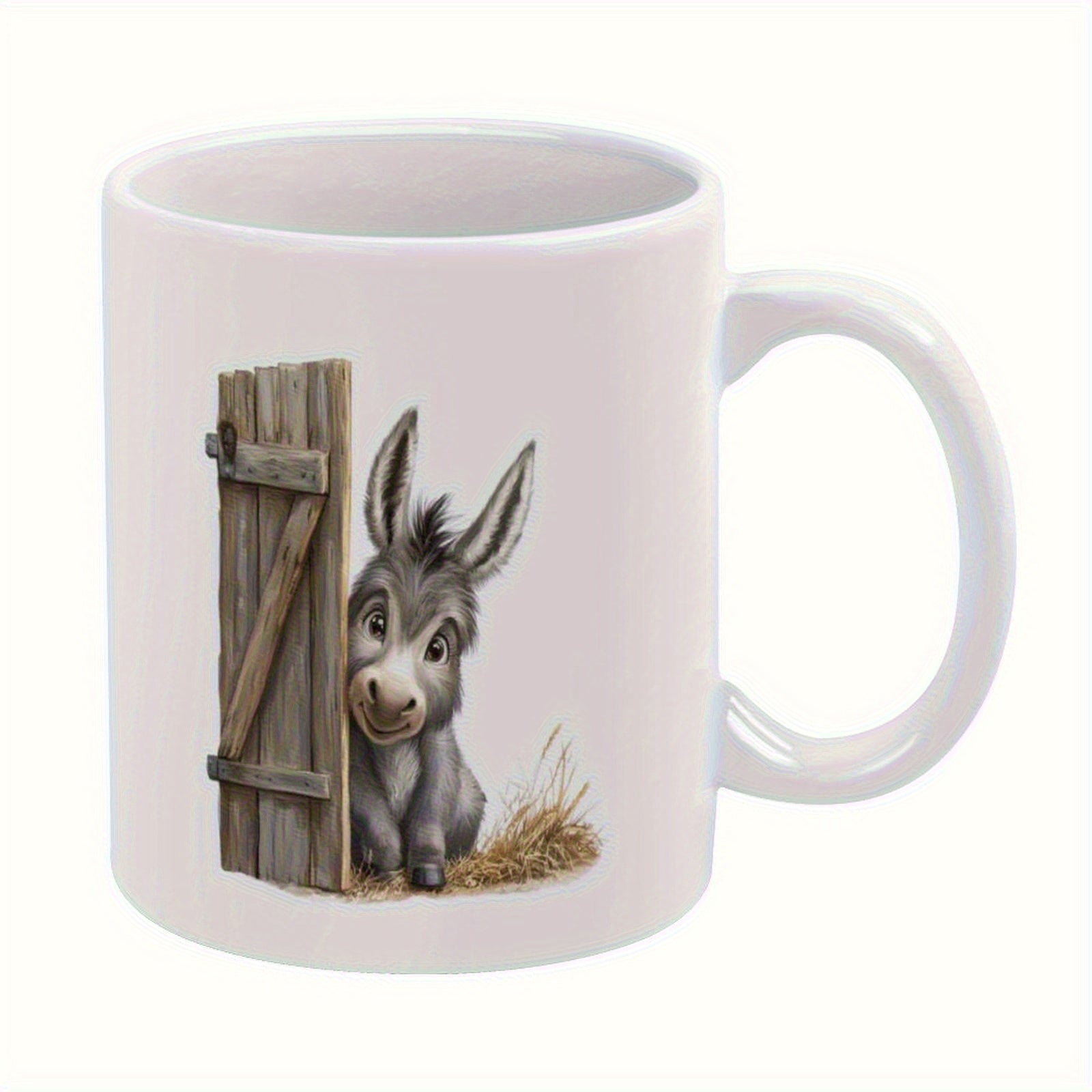 Tailorly White Ceramic 11 oz Mug - Cute Small Grey Animal Peeking Behind Rustic Weathered Wooden Door Donkey