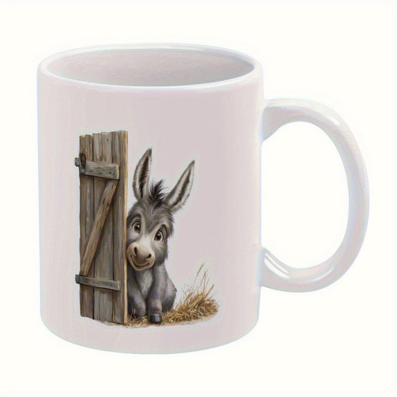 Tailorly White Ceramic 11 oz Mug - Cute Small Grey Animal Peeking Behind Rustic Weathered Wooden Door Donkey
