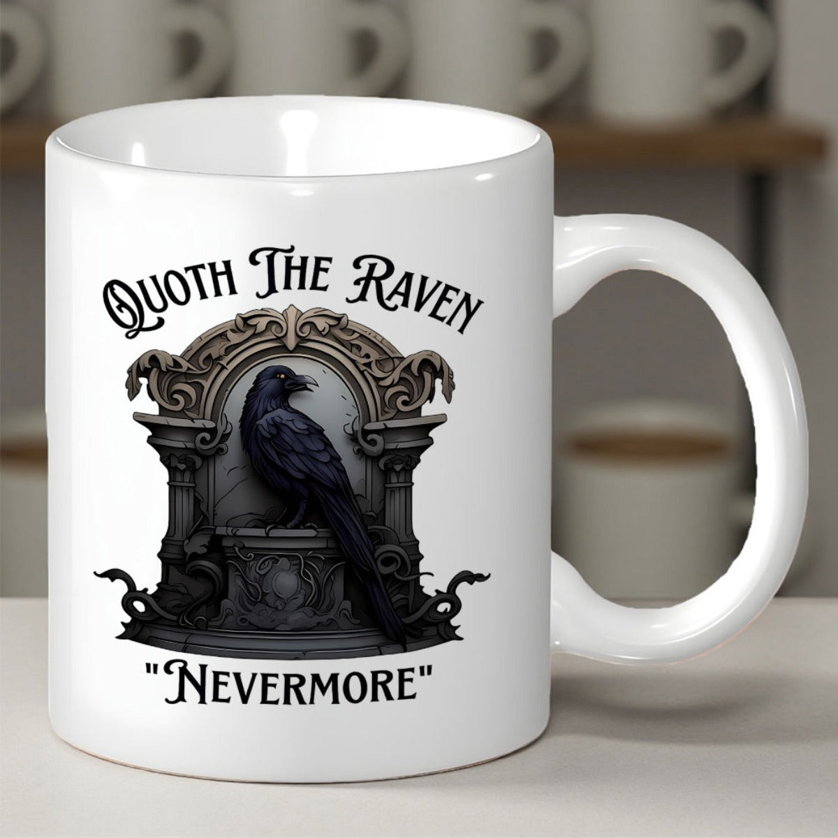 Tailorly White Ceramic 11 oz Mug - Quoth The Raven Nevermore Majestic Black Perched On An Ornate Gothic Stone Archway Pedestal Raven