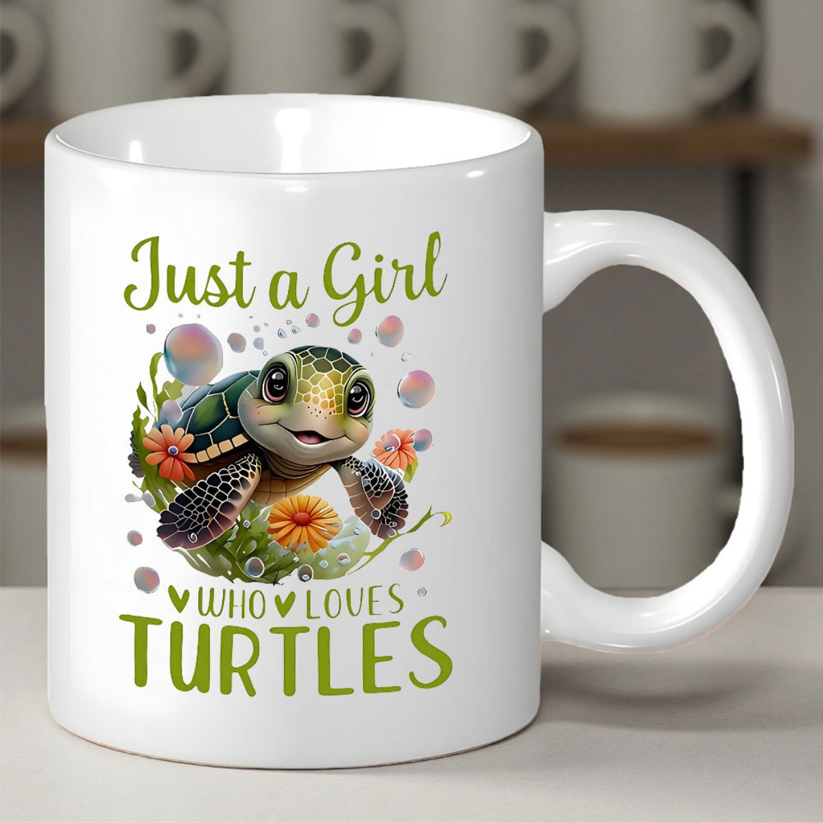 Tailorly White Ceramic 11 oz Mug - Just A Girl Who Loves Turtles Adorable Sea Turtle Swimming Among Vibrant Orange Flowers And Playful Bubbles Turtle