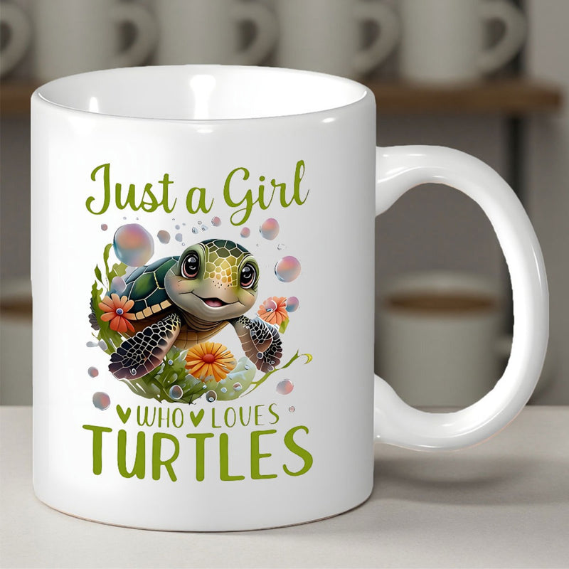 Tailorly White Ceramic 11 oz Mug - Just A Girl Who Loves Turtles Adorable Sea Turtle Swimming Among Vibrant Orange Flowers And Playful Bubbles Turtle