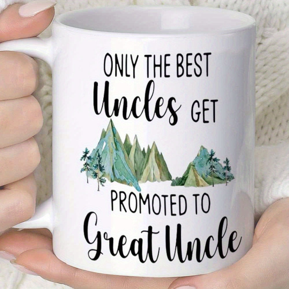 Tailorly White Ceramic 11 oz Mug - Only The Best Uncles Get Promoted To Great Uncle Green Watercolor Style Triangular Mountains With Small Silhouetted Pine Trees