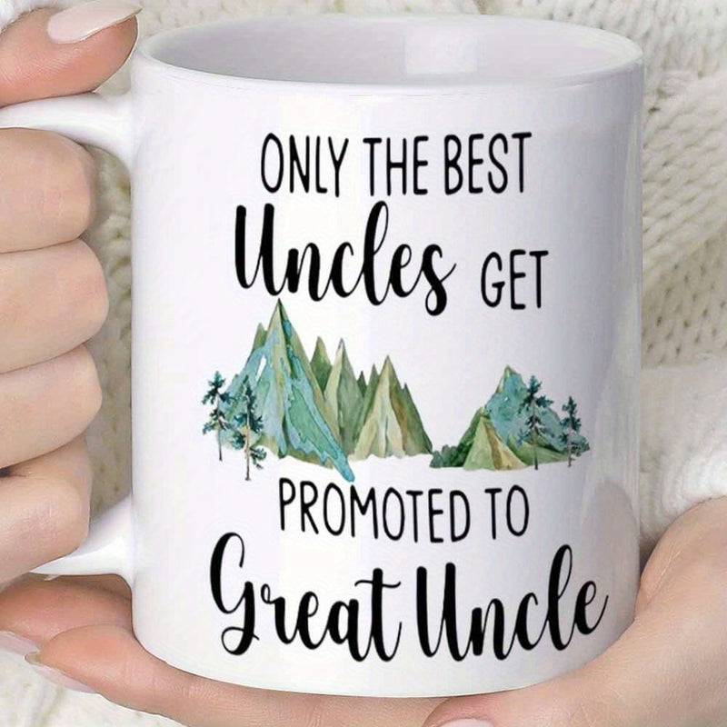Tailorly White Ceramic 11 oz Mug - Only The Best Uncles Get Promoted To Great Uncle Green Watercolor Style Triangular Mountains With Small Silhouetted Pine Trees