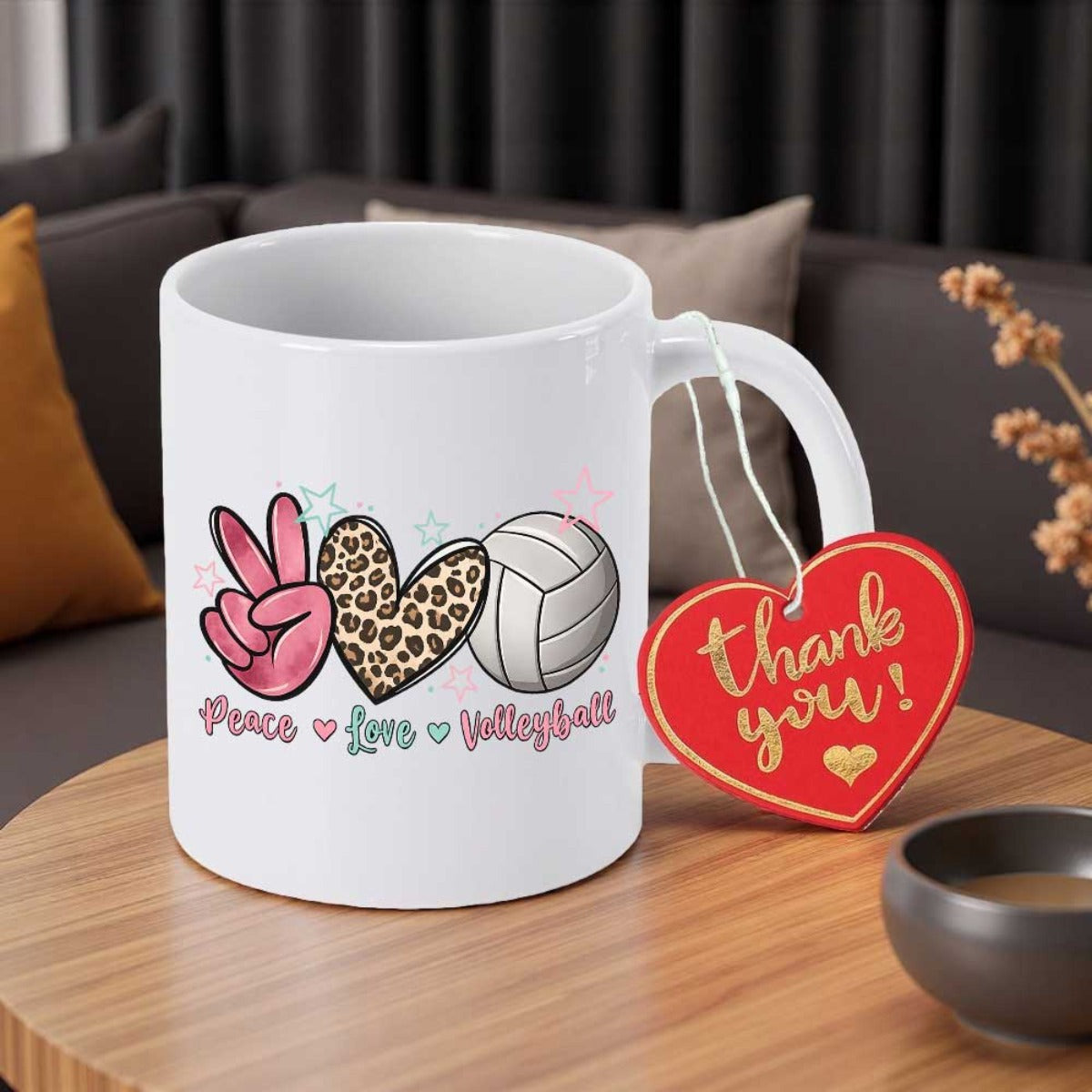 Tailorly White Ceramic 11 oz Mug - Peace Love Volleyball Pink Peace Gesture And Leopard Heart With A White Volleyball