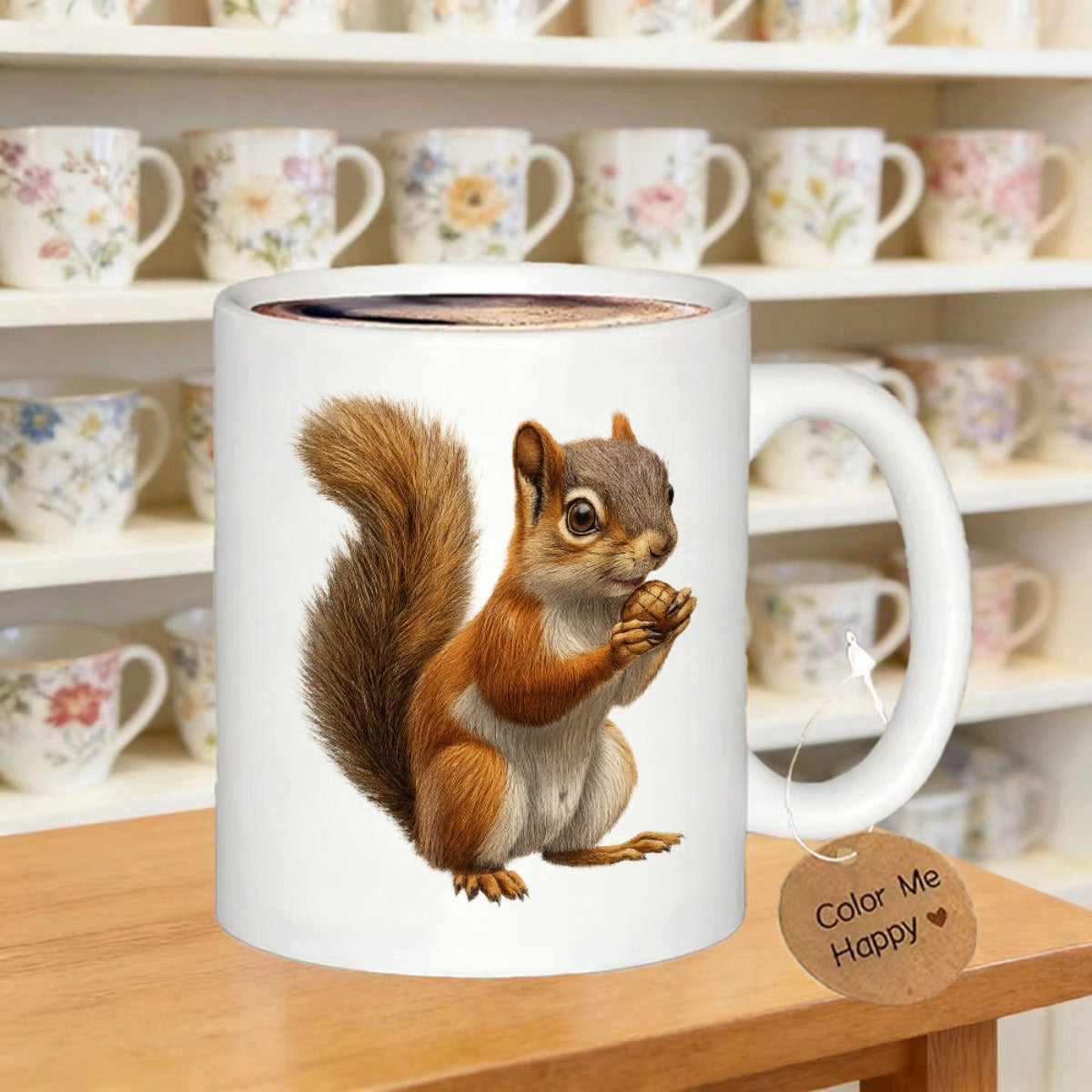 Tailorly White Ceramic 11 oz Mug - Color Me Happy Adorable Fluffy Brown Squirrel Holding An Acorn Sitting In Gentle Light Squirrel