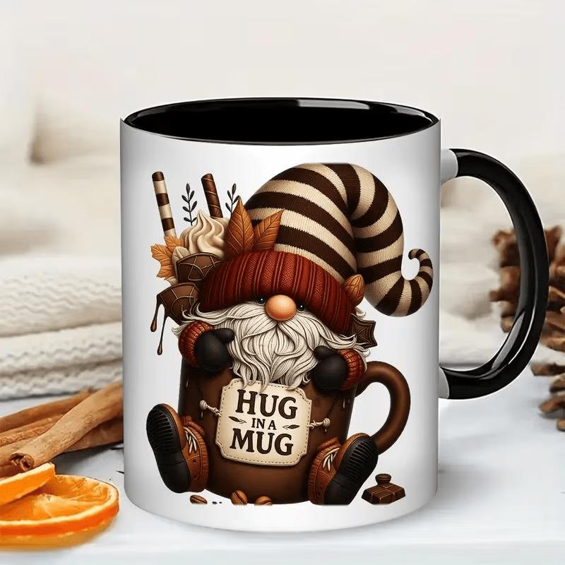 Tailorly Black Accent 11 oz Mug - cute gnome with beard and brown white striped hat