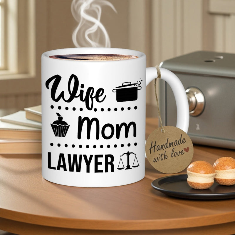 Tailorly White Ceramic 11 oz Mug - Wife Mom Lawyer Kitchen Icons And Legal Scales Accented With Dotted Lines Mug