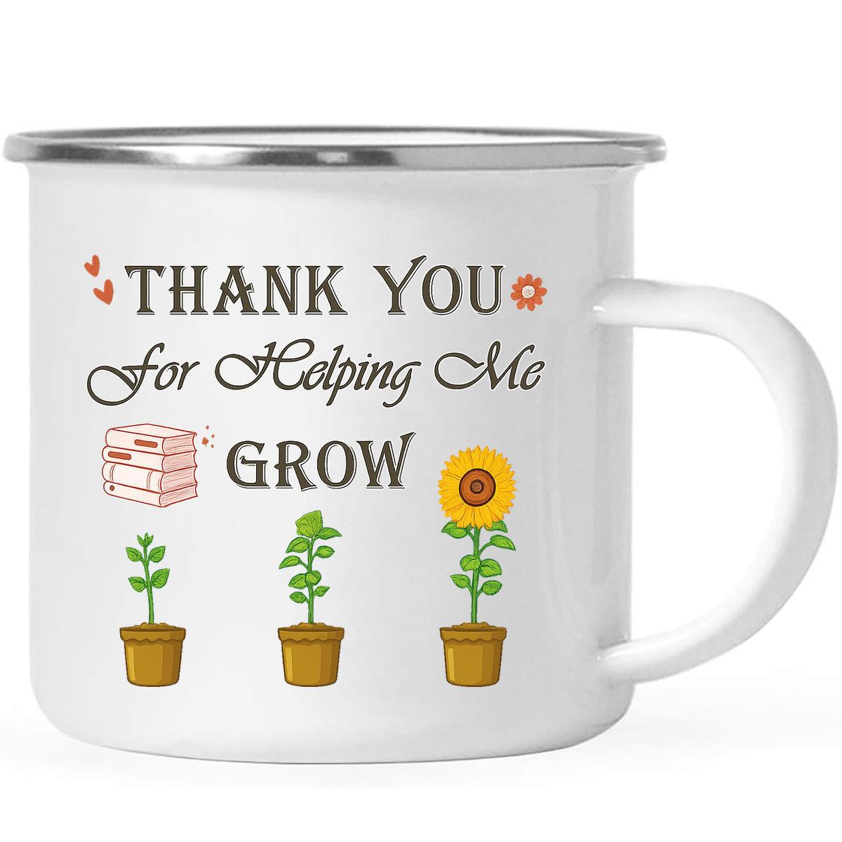 Tailorly White Ceramic 11 oz Mug - Thank You For Helping Me Grow Three Potted Plants Growing Beside A Small Stack Of Books Sunflower