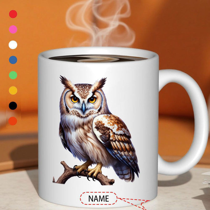 Tailorly White Ceramic 11 oz Mug - Name Majestic Detailed Bird Perched Upon A Rustic Natural Wooden Branch Owl