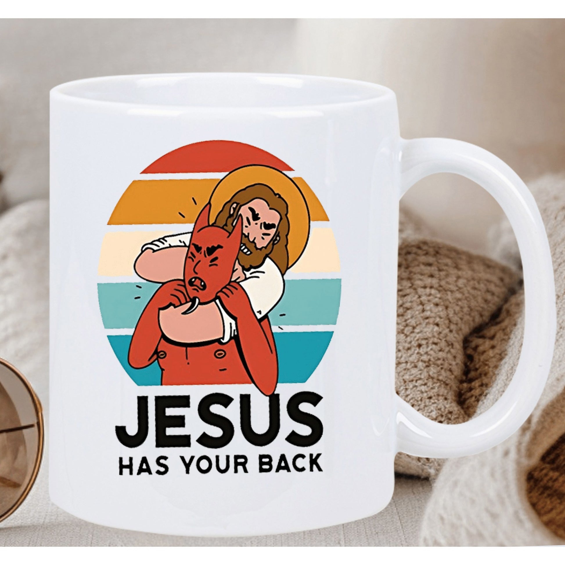 Tailorly White Ceramic 11 oz Mug - Jesus Has Your Back Wrestling A Red Demon In Front Of A Colorful Retro Striped Circle Jesus