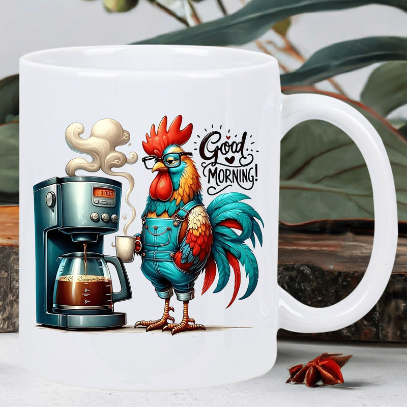 Tailorly White Ceramic 11 oz Mug - Good Morning Quirky Cartoon Bird Wearing Denim Overalls Holding Morning Coffee Rooster