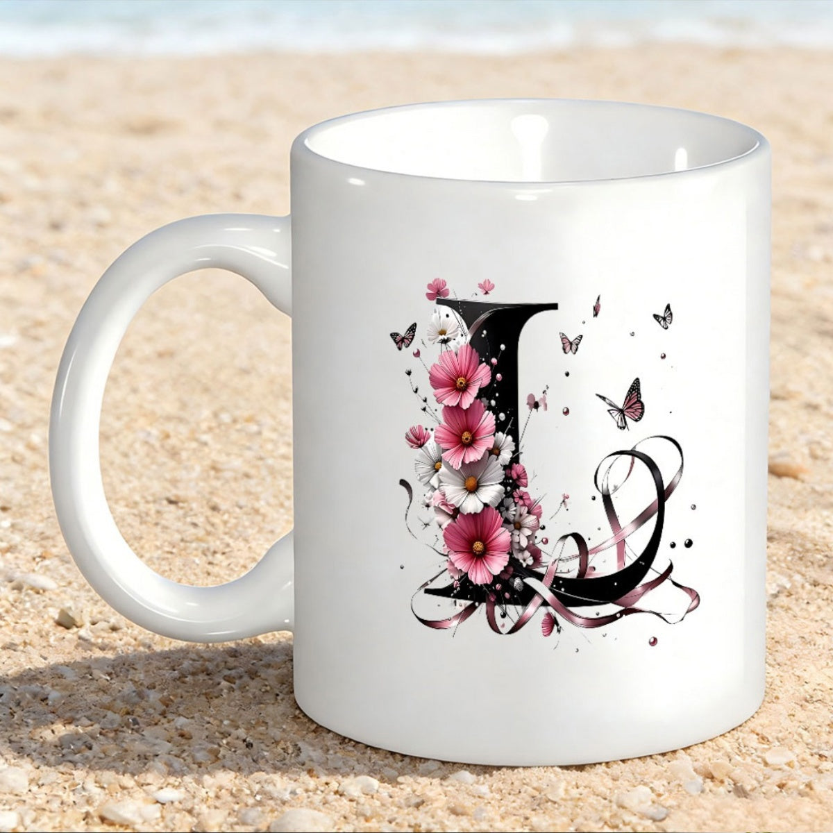 Tailorly White Ceramic 11 oz Mug - Delicate Pink Blossoms And Graceful Butterflies Dancing Around A Serene Monogram