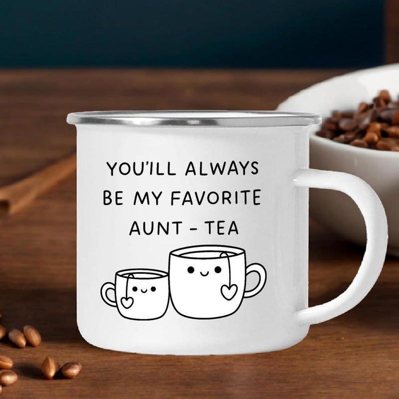 Tailorly White Ceramic 11 oz Mug - Youll Always Be My Favorite Aunt Tea Two Smiling Minimalist Cartoon Teacups Decorated With Tiny Hearts Mug