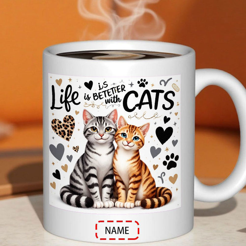 Tailorly White Ceramic 11 oz Mug - Life Is Better With Cats Two Adorable Tabby Cats Sitting Together Among Hearts And Paw Prints Cat