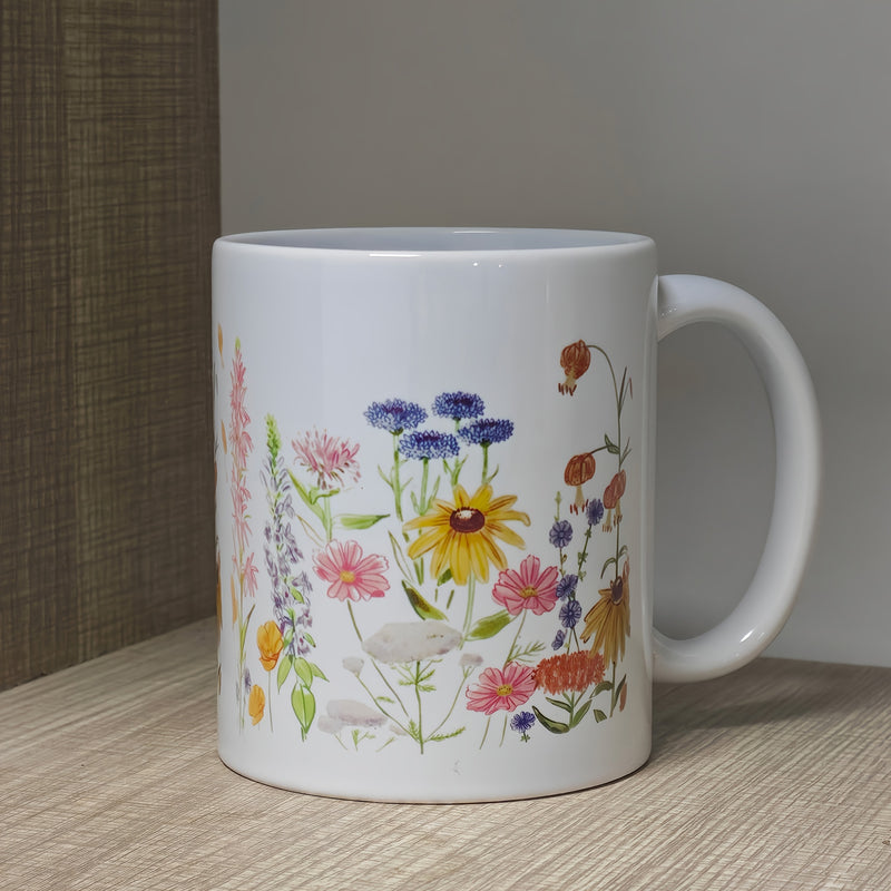 Tailorly White Ceramic 11 oz Mug - Vibrant Watercolor Garden Blossoms Blooming Gracefully In A Wild Meadow Wildflowers
