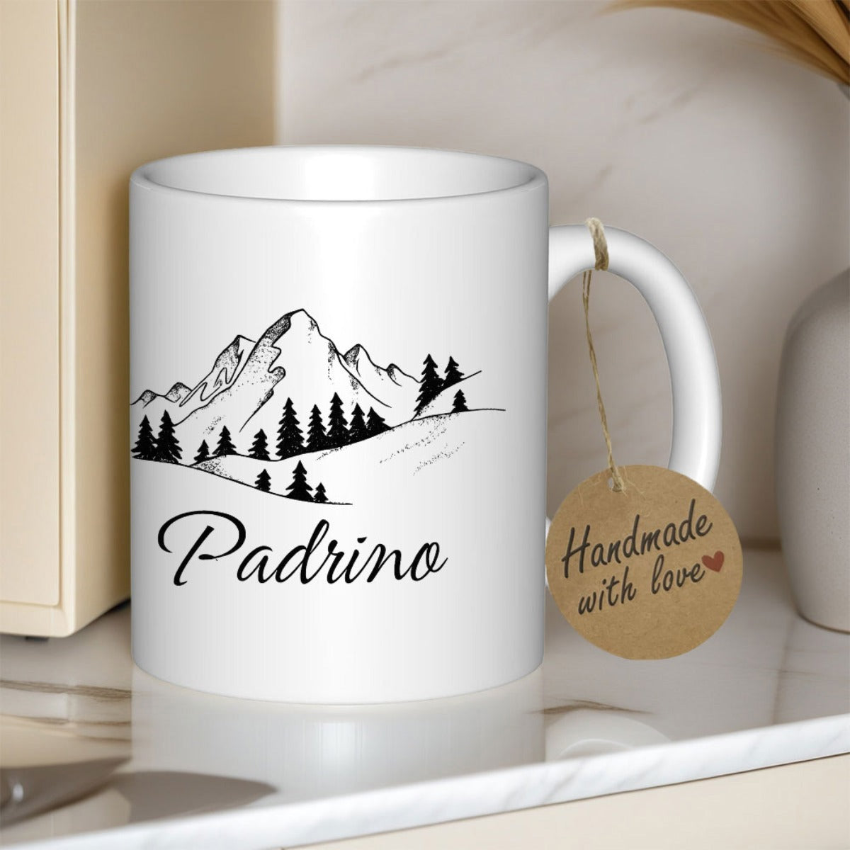 Tailorly White Ceramic 11 oz Mug - Padrino Minimalist Black Line Sketch Of Majestic Pine Trees And Mountain