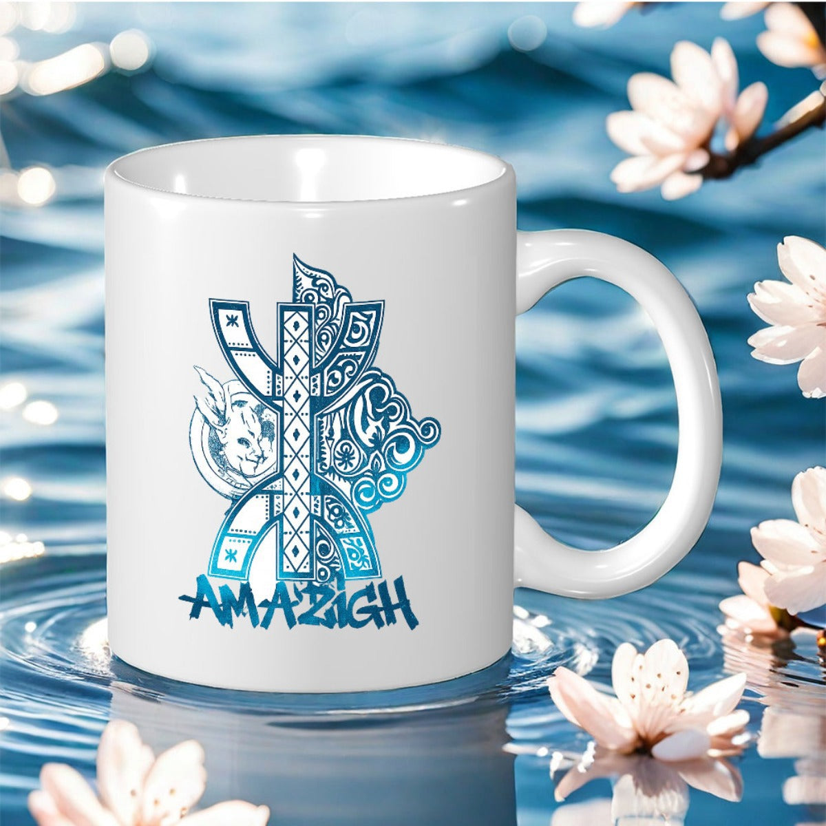 Tailorly White Ceramic 11 oz Mug - Amazigh Intricate Blue Tribal Symbol Featuring Stylized Feline Details And Ornate Patterns Mug