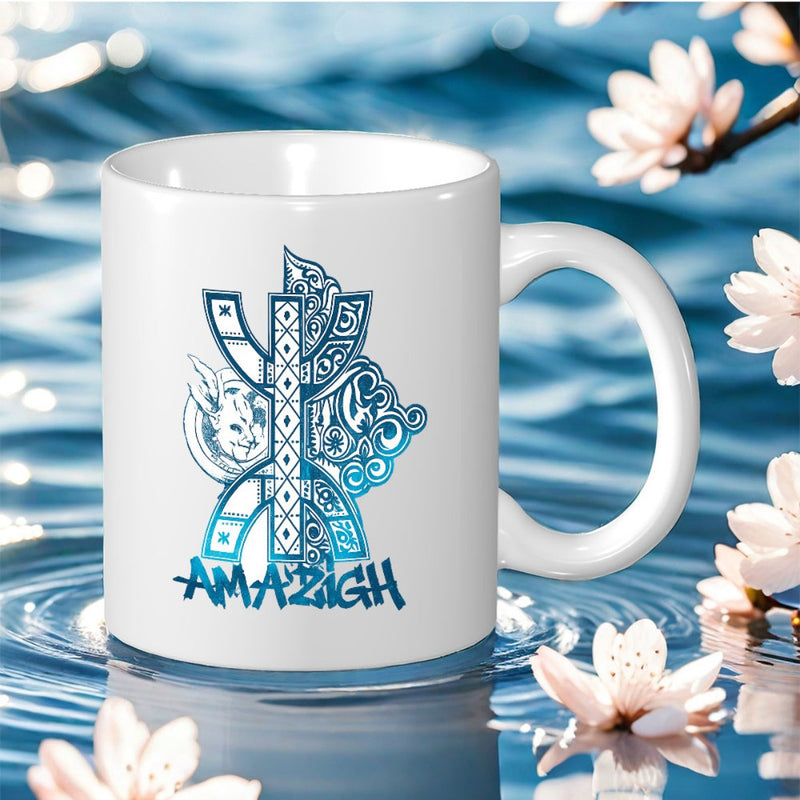 Tailorly White Ceramic 11 oz Mug - Amazigh Intricate Blue Tribal Symbol Featuring Stylized Feline Details And Ornate Patterns Mug