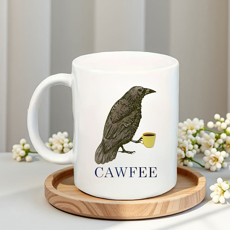 Tailorly White Ceramic 11 oz Mug - Cawfee Detailed Black Raven Holding A Miniature Yellow Morning Cup Bird