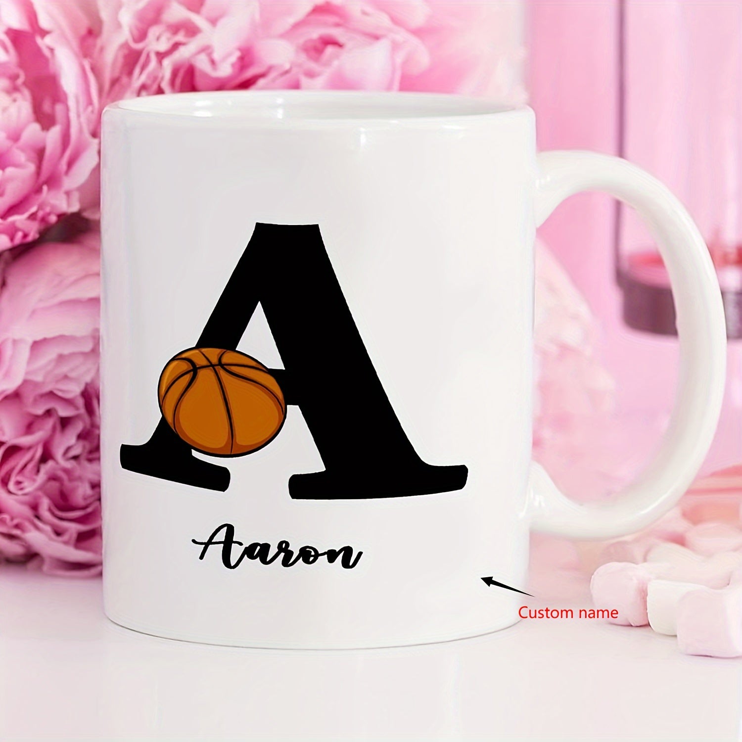 Tailorly White Ceramic 11 oz Mug - Aaron Large Bold Initial With Classic Textured Basketball In Minimalist Style Letter