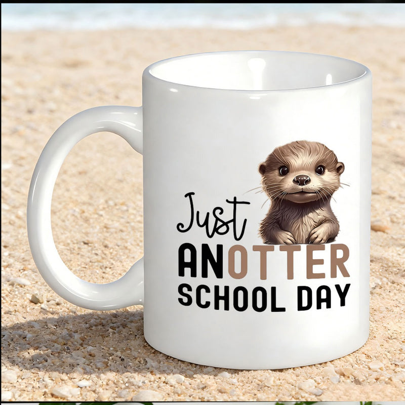 Tailorly White Ceramic 11 oz Mug - Just Anotter School Day Adorable Brown Baby Creature Sitting Calmly In Portrait Style Otter