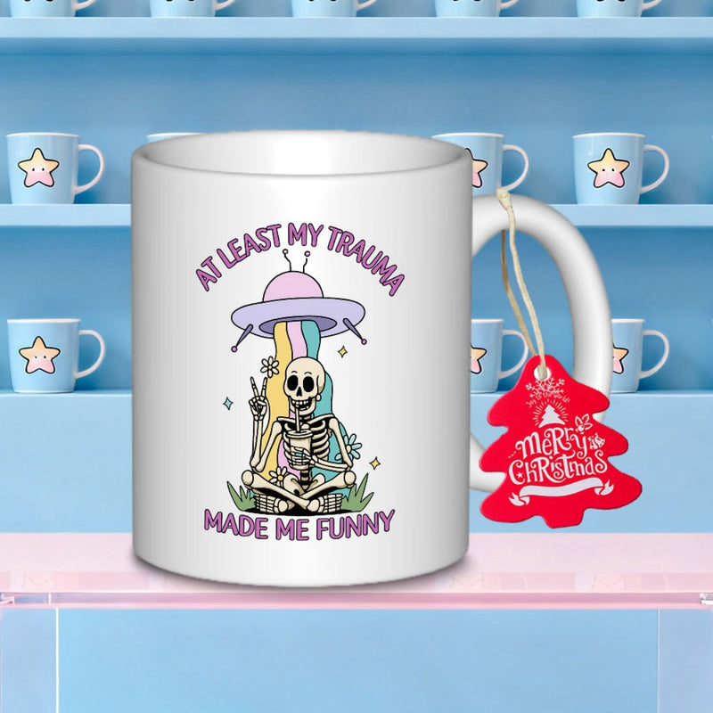 Tailorly White Ceramic 11 oz Mug - At Least My Trauma Made Me Funny Rainbow Beam Shining From UFO Over Zen Sitting Skeleton