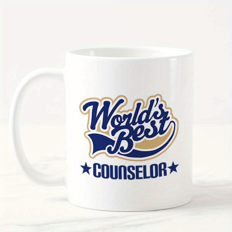 Tailorly White Ceramic 11 oz Mug - World's Best Counselor Stylish Navy Blue Script Font With Stars And Elegant Gold Ribbon Mug