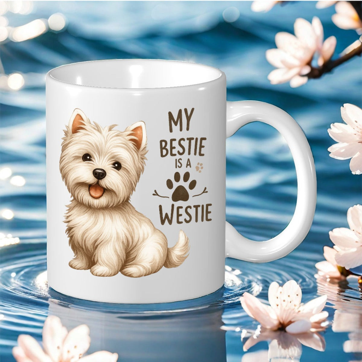 Tailorly White Ceramic 11 oz Mug - My Bestie Is A Westie Adorable Small White Terrier Puppy Sitting Contently Near A Paw Print Westie