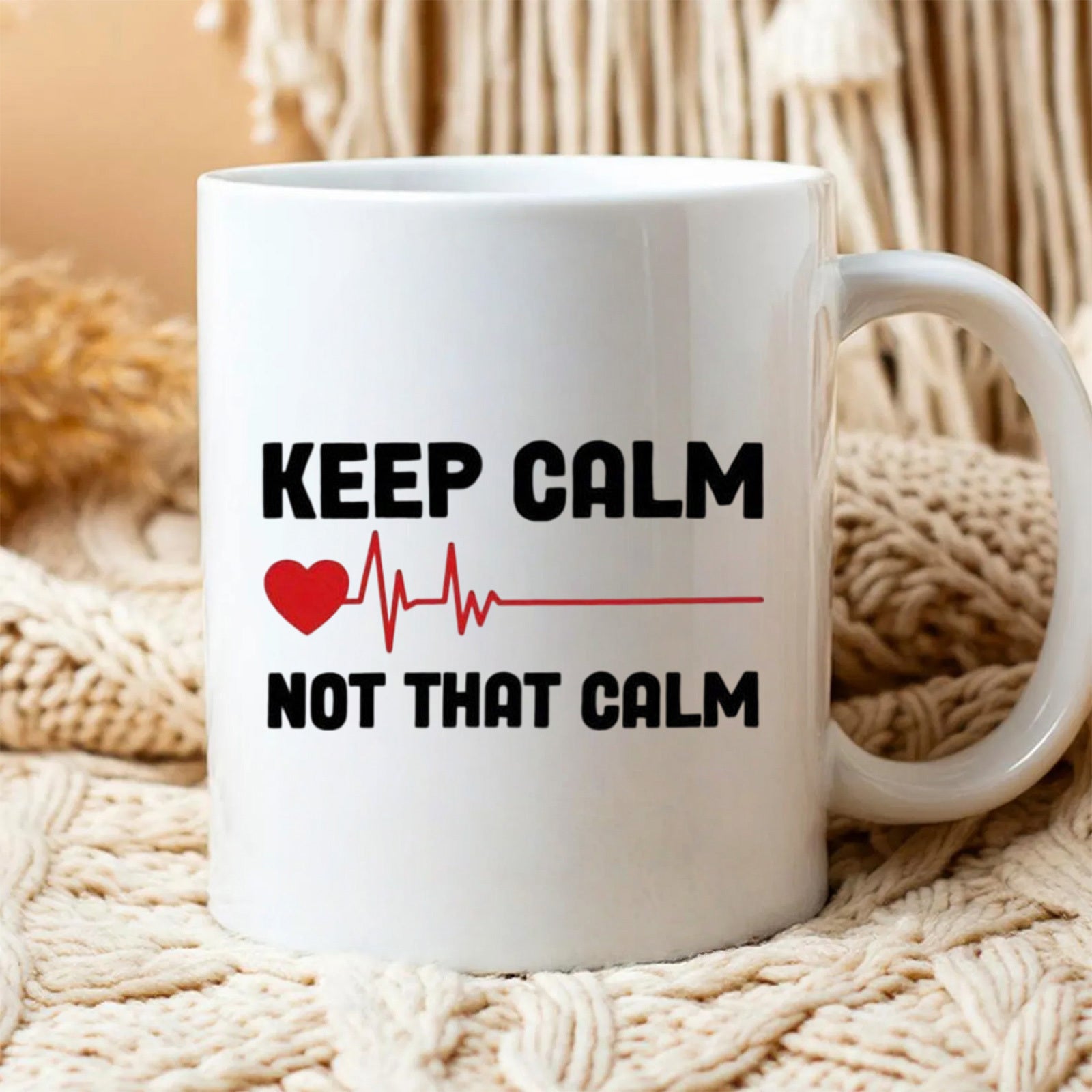Tailorly White Ceramic 11 oz Mug - Keep Calm Not That Calm Vibrant Red Heart With Pulsing EKG Life Line Rhythm Heartbeat