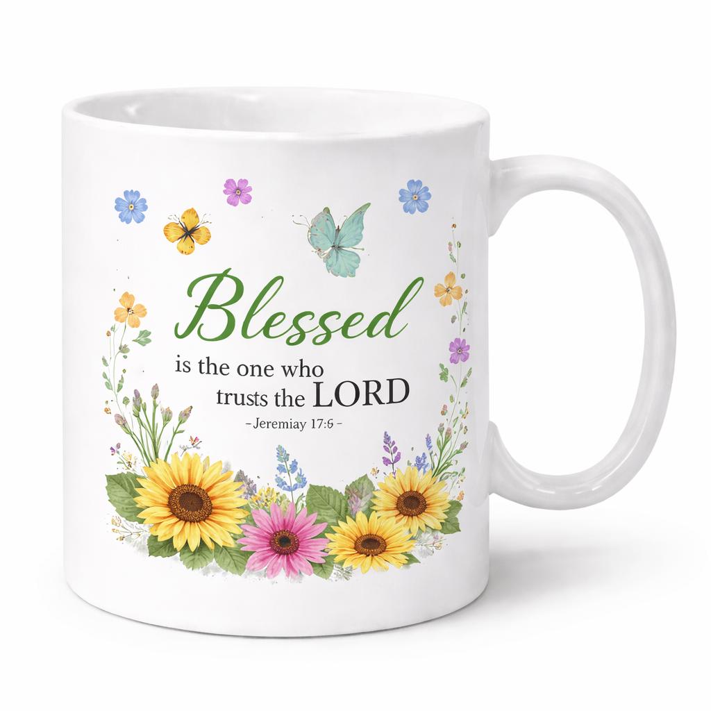Tailorly White Ceramic 11 oz Mug - Blessed Is The One Who Trusts The Lord Jeremiah 17 7 Vibrant Sunflowers Blooming With Colorful Butterflies And Lush Garden