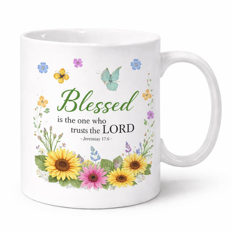 Tailorly White Ceramic 11 oz Mug - Blessed Is The One Who Trusts The Lord Jeremiah 17 7 Vibrant Sunflowers Blooming With Colorful Butterflies And Lush Garden