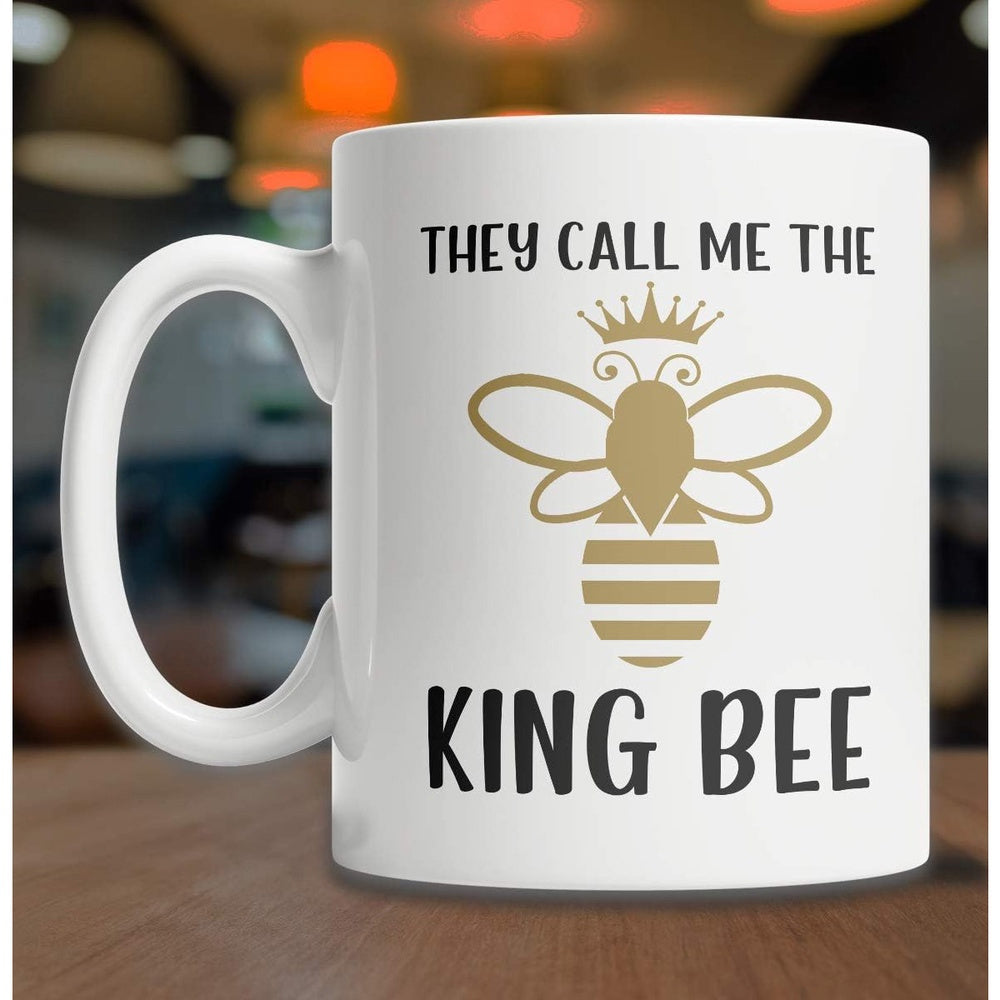 Tailorly White Ceramic 11 oz Mug - They Call Me The King Bee Golden Minimalist Crowned Insect With Elegant Wings And Striped Body Bee
