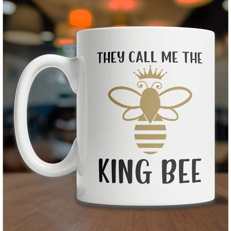Tailorly White Ceramic 11 oz Mug - They Call Me The King Bee Golden Minimalist Crowned Insect With Elegant Wings And Striped Body Bee