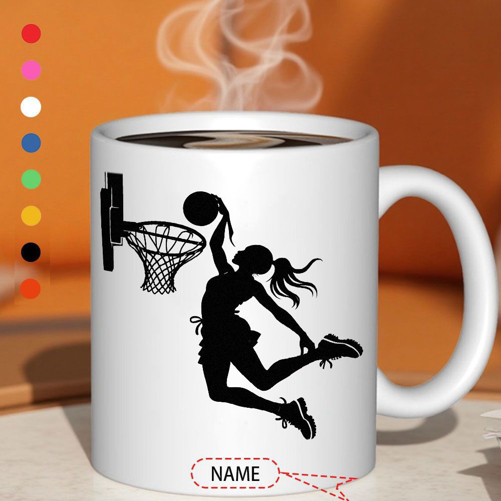 Tailorly White Ceramic 11 oz Mug - Name Dynamic Silhouette Of A Female Basketball Player Jumping Towards Hoop Athlete