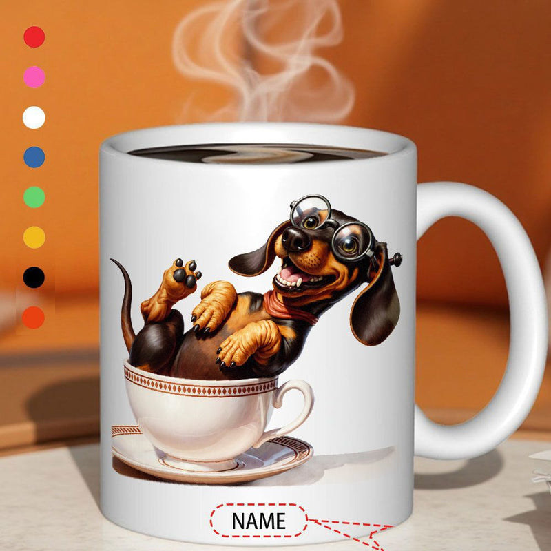 Tailorly White Ceramic 11 oz Mug - Name Playful Brown Puppy Wearing Round Glasses Sitting Comfortably Inside A Teacup Dachshund