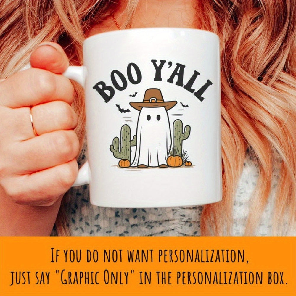 Tailorly White Ceramic 11 oz Mug - Boo Yall Charming Spooky Figure With Cowboy Hat Among Desert Cacti And Pumpkins Ghost