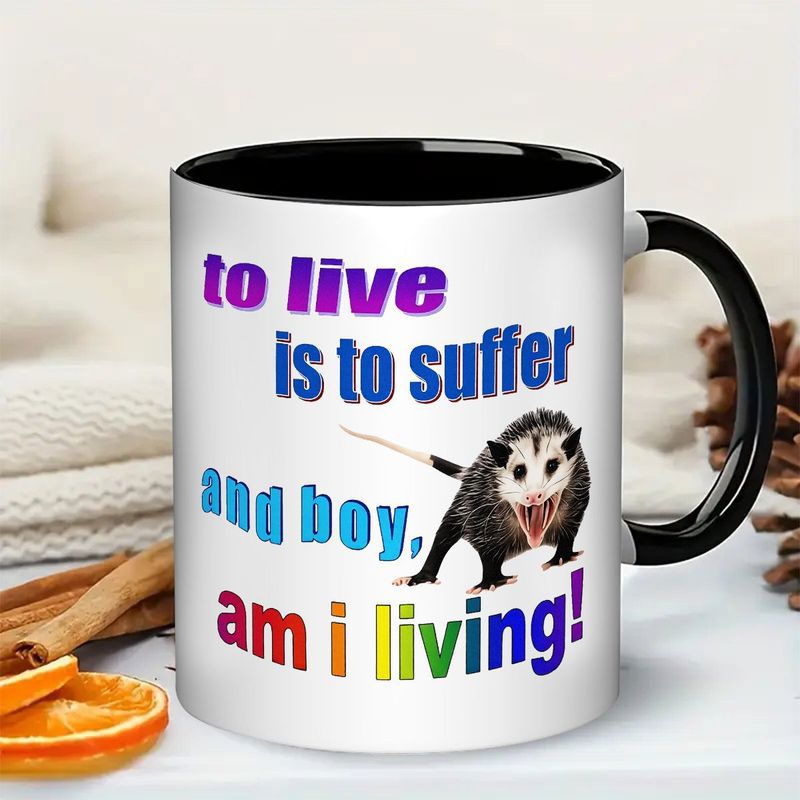 Tailorly Black Accent 11 oz Mug - opossum face lettering "perfec"