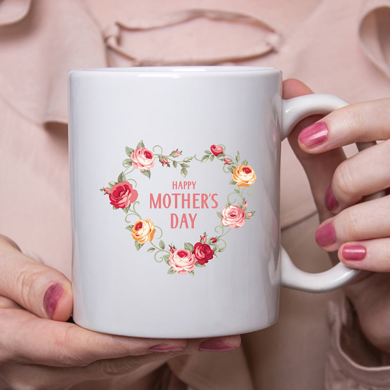 Tailorly White Ceramic 11 oz Mug - Happy Mothers Day Beautiful Elegant Wreath Of Roses Arranged In A Heart Shape Mug