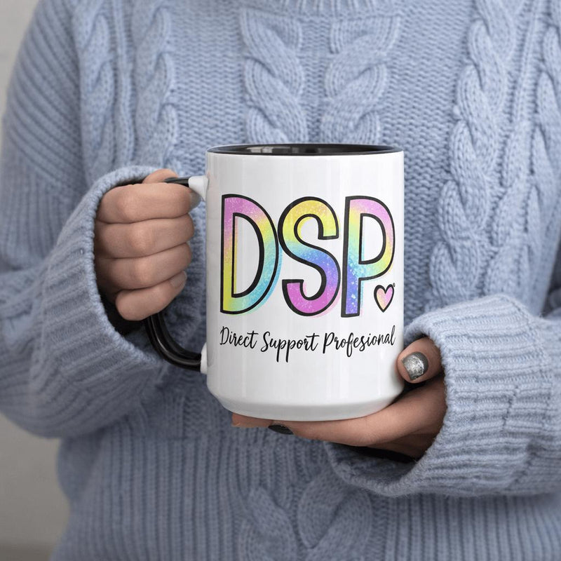Tailorly Black Accent 11 oz Mug - rainbow glitter professional direct support family nurse text