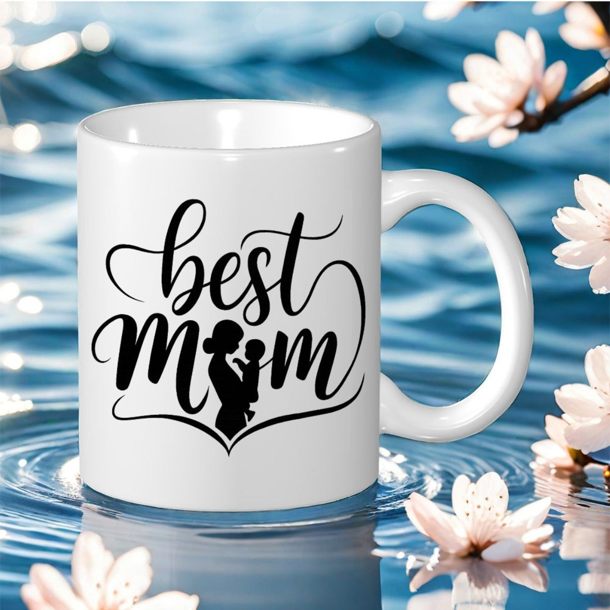 Tailorly White Ceramic 11 oz Mug - Best Mom Elegant Calligraphy Script Featuring Silhouette Of Mother Holding Child Mug