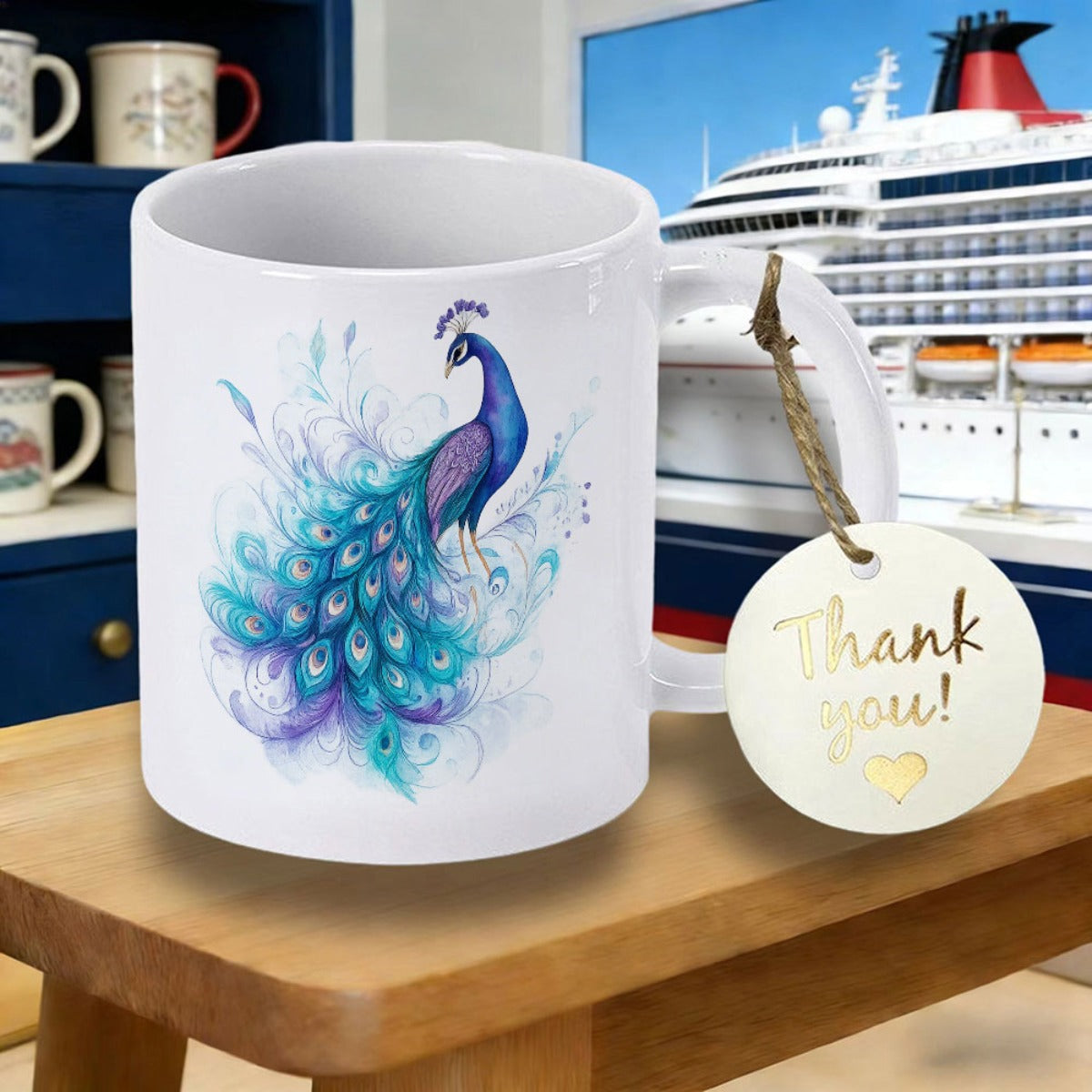 Tailorly White Ceramic 11 oz Mug - Thank You Elegant Watercolor Feathers With Blue And Teal Plumage Displaying Artistic Grace Peacock