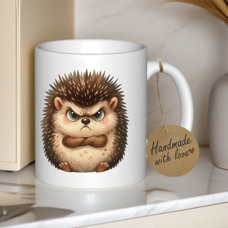 Tailorly White Ceramic 11 oz Mug - Adorable Grumpy Brown Spiky Animal Sitting With Crossed Little Paws Hedgehog