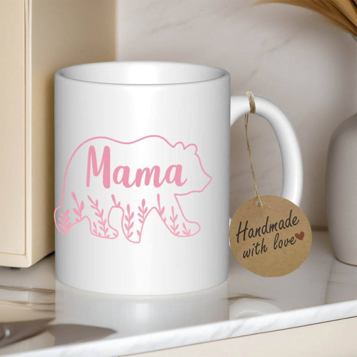 Tailorly White Ceramic 11 oz Mug - Mama Pink Outlined Walking Bear Featuring Interior Decorative Floral Leaf Motifs Bear