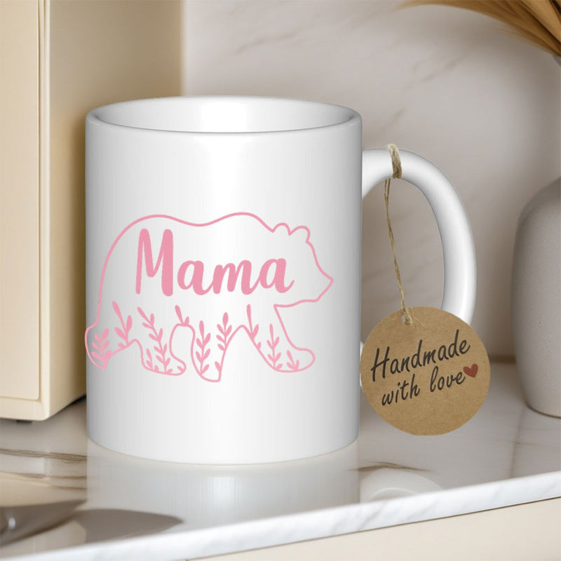 Tailorly White Ceramic 11 oz Mug - Mama Pink Outlined Walking Bear Featuring Interior Decorative Floral Leaf Motifs Bear