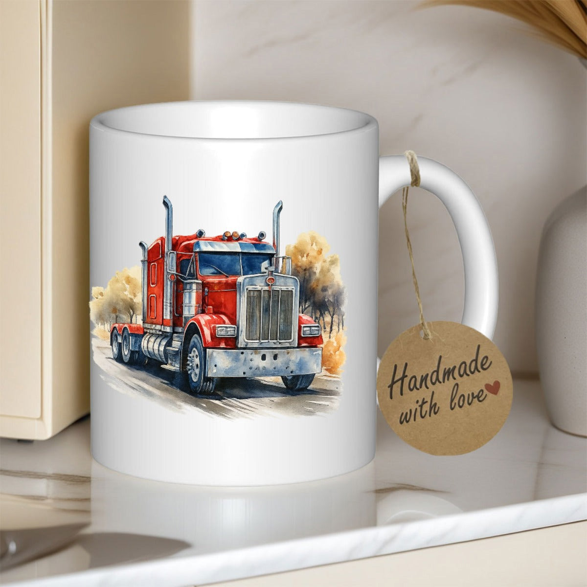 Tailorly White Ceramic 11 oz Mug - Vibrant Red Big Rig Driving On Open Road Past Golden Autumn Trees Truck