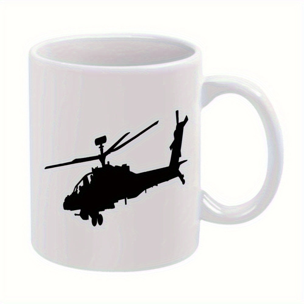 Tailorly White Ceramic 11 oz Mug - Sleek Military Attack Aircraft Silhouette Flying Across A Clear Minimalist Background Helicopter