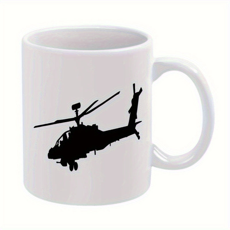 Tailorly White Ceramic 11 oz Mug - Sleek Military Attack Aircraft Silhouette Flying Across A Clear Minimalist Background Helicopter