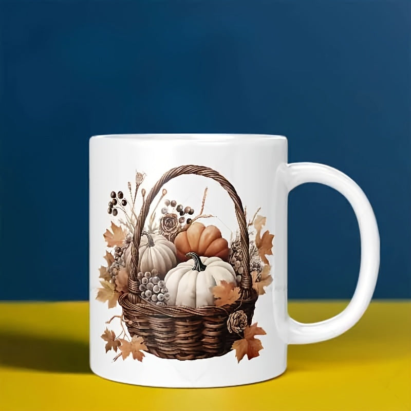 Tailorly White Ceramic 11 oz Mug - Autumnal Woven Wood With Pumpkins Pinecones And Dried Fallen Leaves Basket