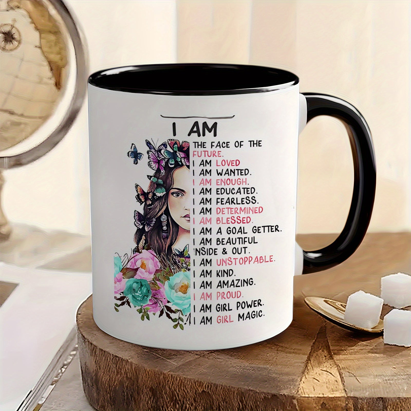 Tailorly Black Accent 11 oz Mug - boho floral with empowering message and positive affirmations